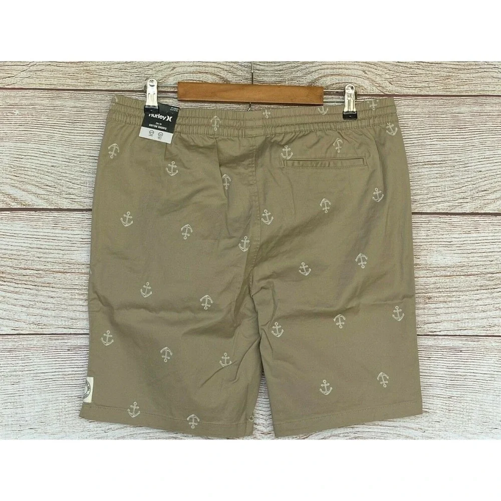 Hurley Twill Shorts Mens Large Island Fossil Anchor Elastic Waist Shorts New